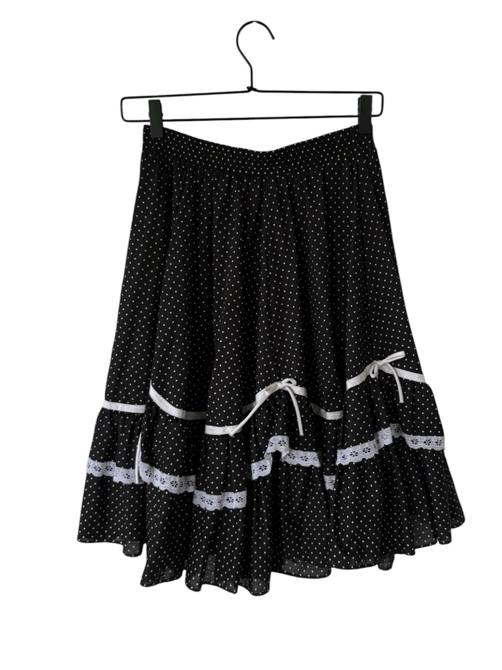 Black Polka Dot Tiered Skirt with White Lace Trim